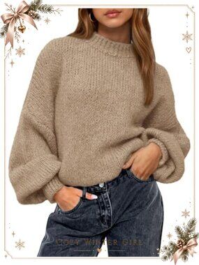 Oversized Crew Neck Lantern Sleeve Knit Sweater Pullover